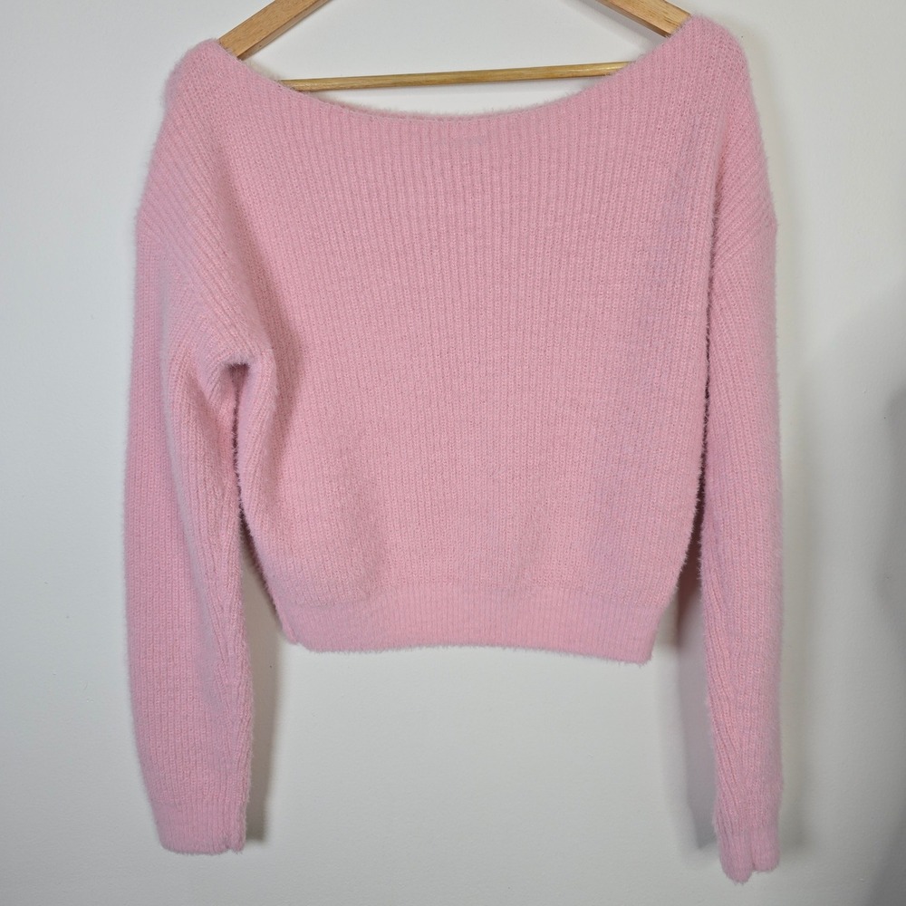 Abound Pink Fuzzy Boat Neck Cropped Pullover Sweater Small Ribbed Knit Soft S - Picture 2 of 5